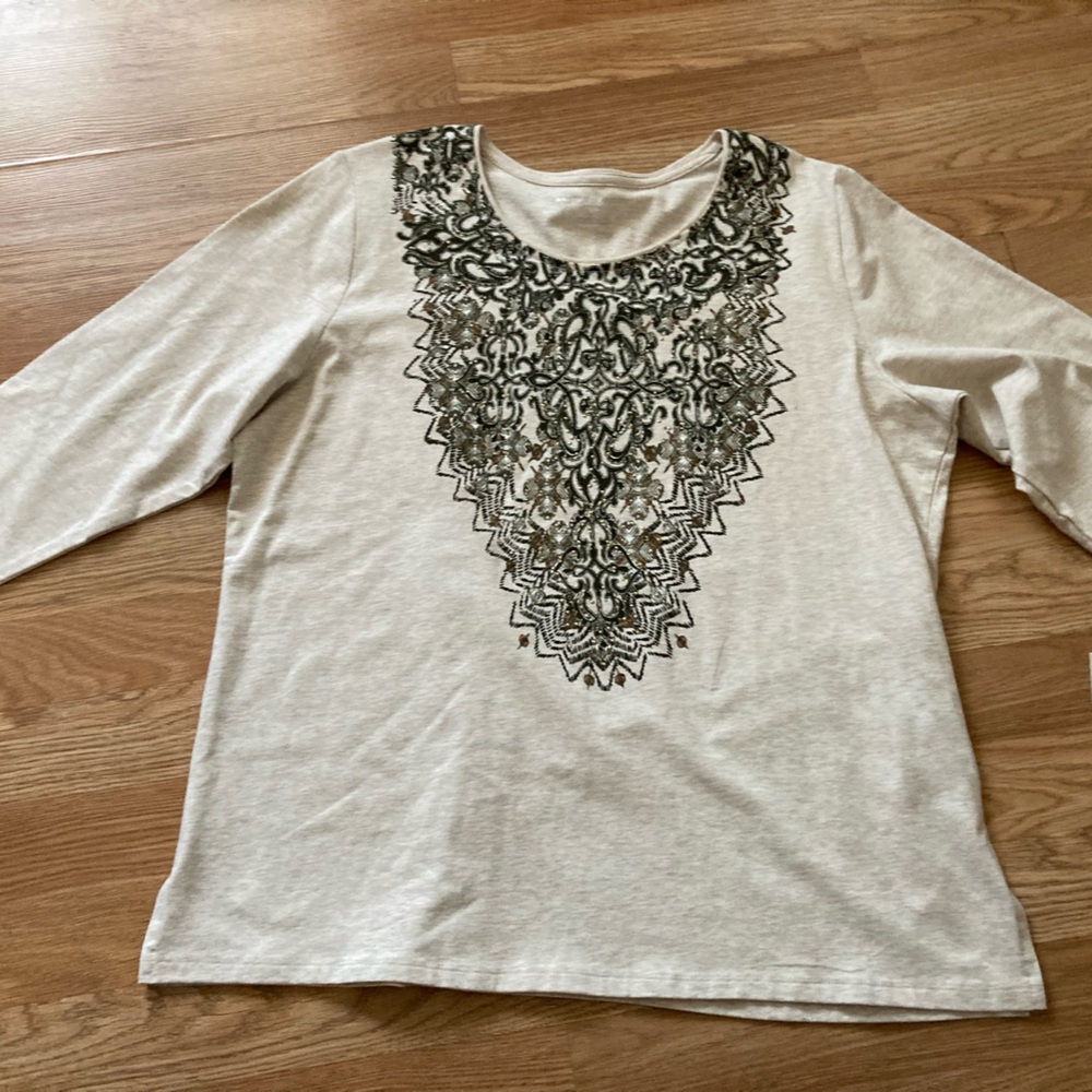 Allison Daley Cream Long-Sleeve Top Green Textured Front 3/4 Sleeves Size PL NWT